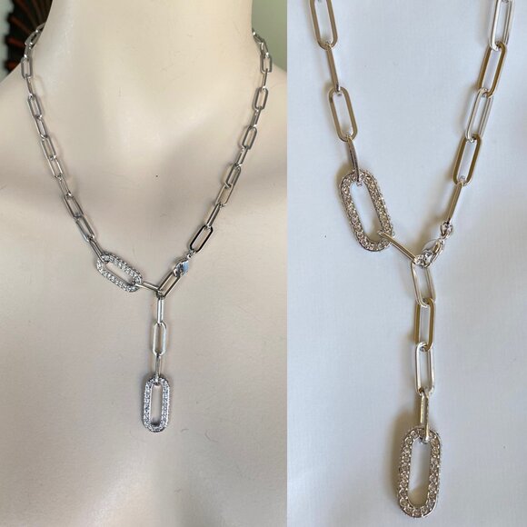 FAC Crystal Chain Link Lariat Style Necklace Silver Tone - Picture 1 of 8